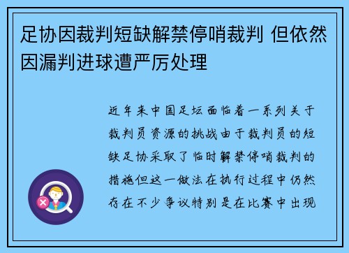 足协因裁判短缺解禁停哨裁判 但依然因漏判进球遭严厉处理