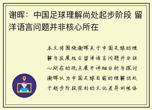 谢晖：中国足球理解尚处起步阶段 留洋语言问题并非核心所在