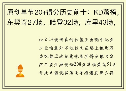 原创单节20+得分历史前十：KD落榜，东契奇27场，哈登32场，库里43场，詹姆斯呢